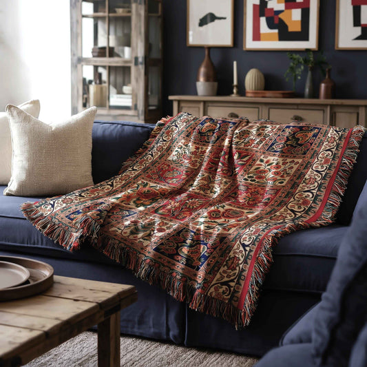 Anatolian Inspired woven blanket with floral pattern styled for layered home decor