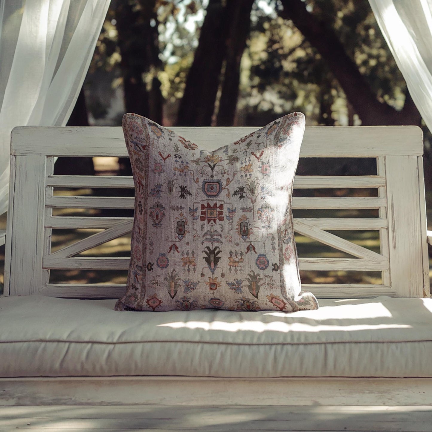 Anatolian Inspired pillow cover with rug-style pattern styled on a sofa or bed