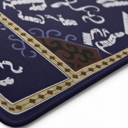 Close view of the white Armenian letters and rust medallions on deep blue