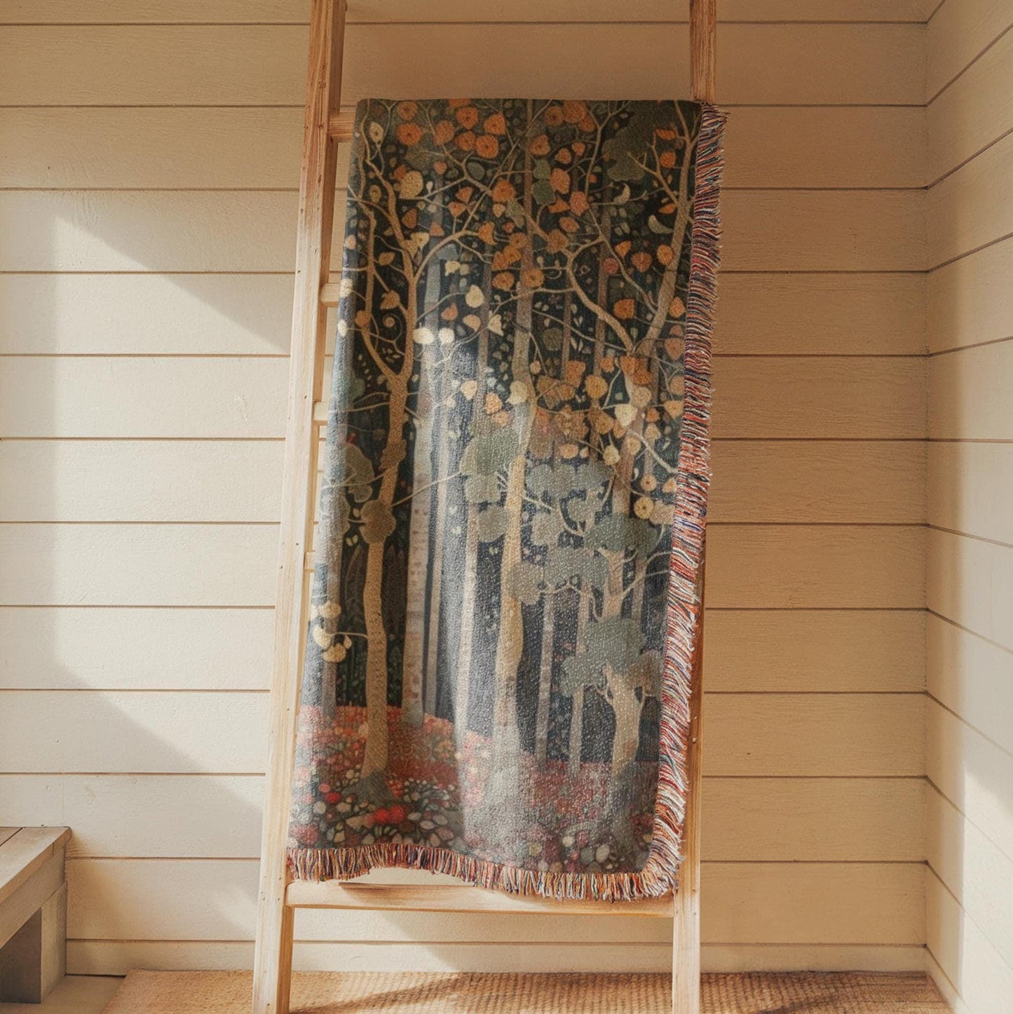 Scandinavian Inspired woven wall tapestry with rug-style pattern styled as textile wall decor