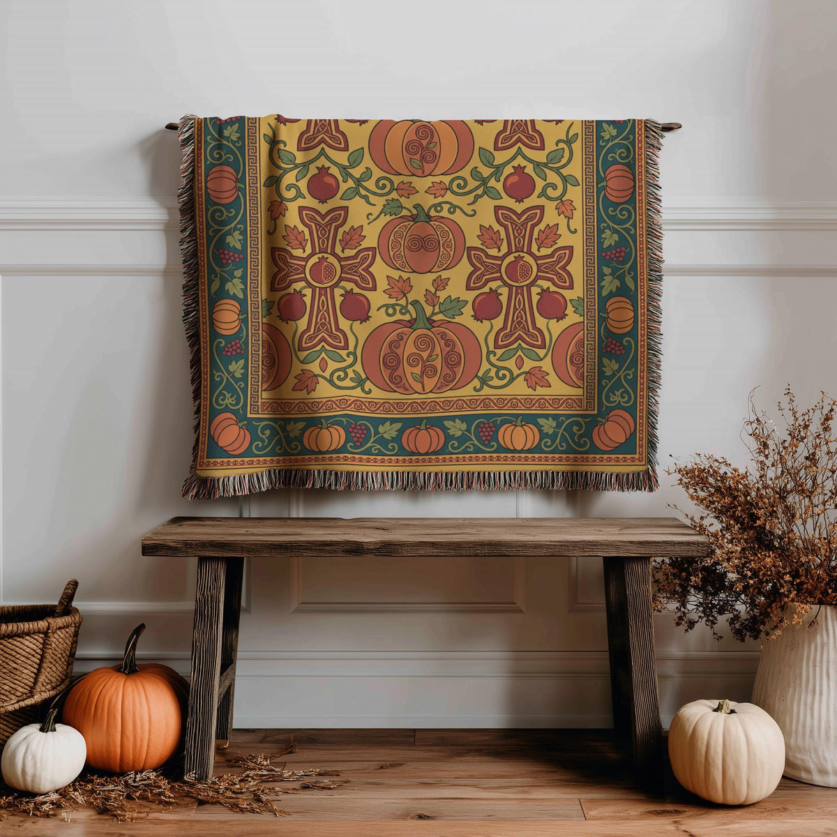 Gold and teal Armenian woven blanket hung above a wooden bench with a basket