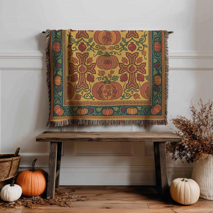 Gold and teal Armenian woven blanket hung above a wooden bench with a basket