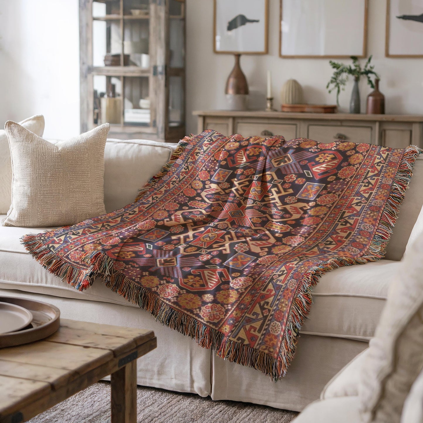 Anatolian Inspired woven blanket with rug-style pattern styled for layered home decor