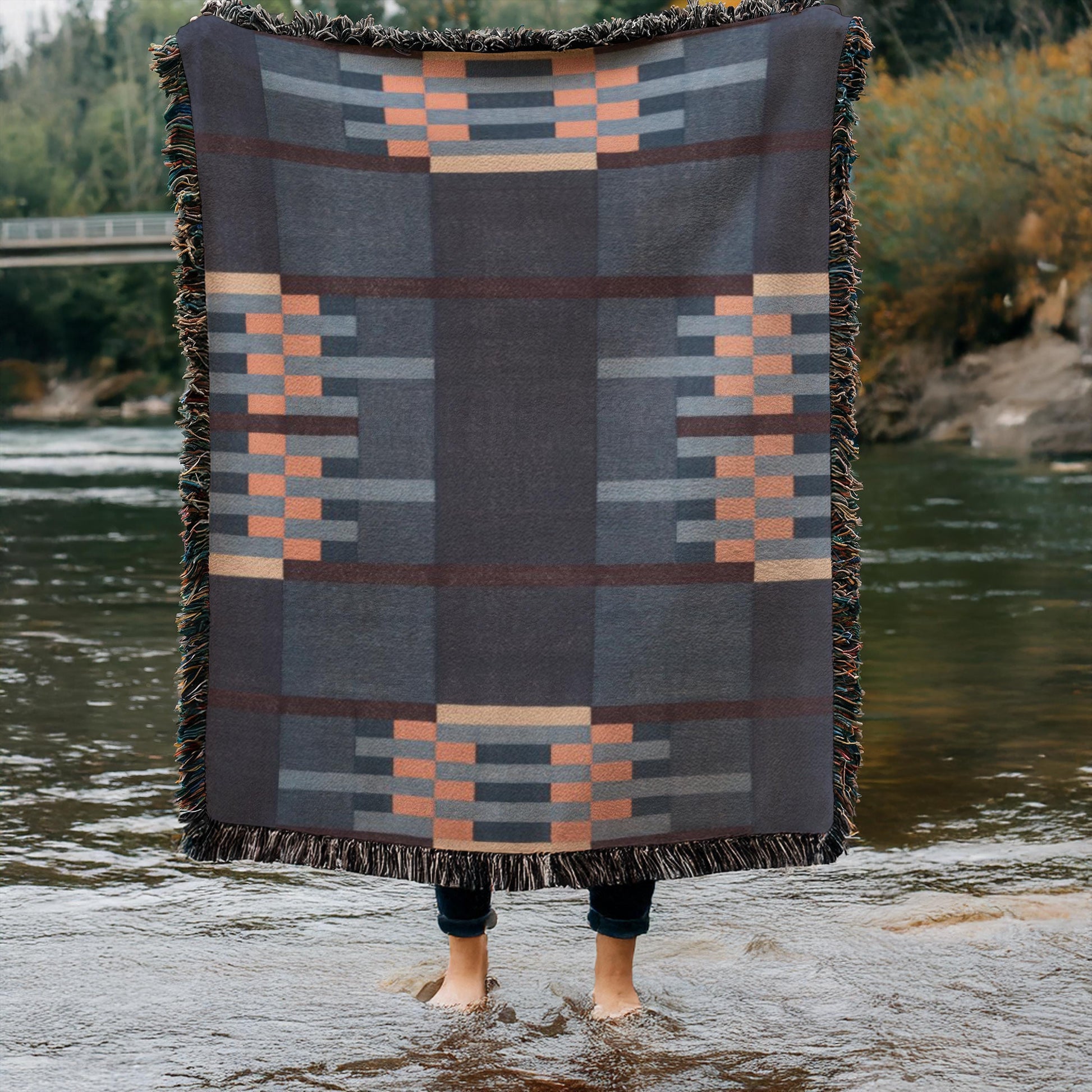 Cotton Woven Throw - Mid Century Modern Patio Picnic Blanket with Colorful Fringed Edges