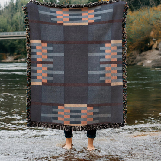 Cotton Woven Throw - Mid Century Modern Patio Picnic Blanket with Colorful Fringed Edges