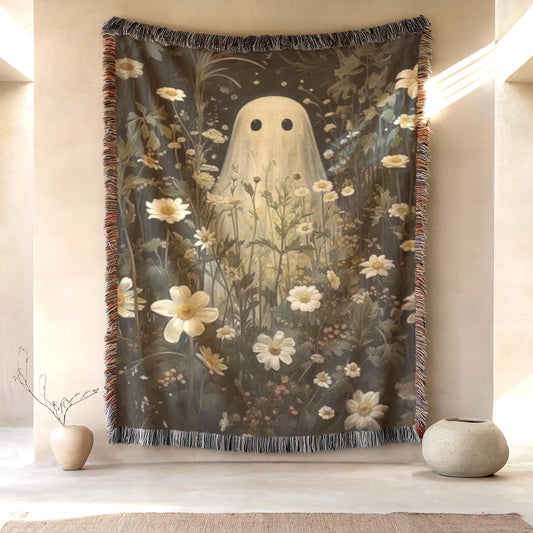 Woven Ghost Tapestry - Boho Gothic Throw With Floral Wildflower Decor