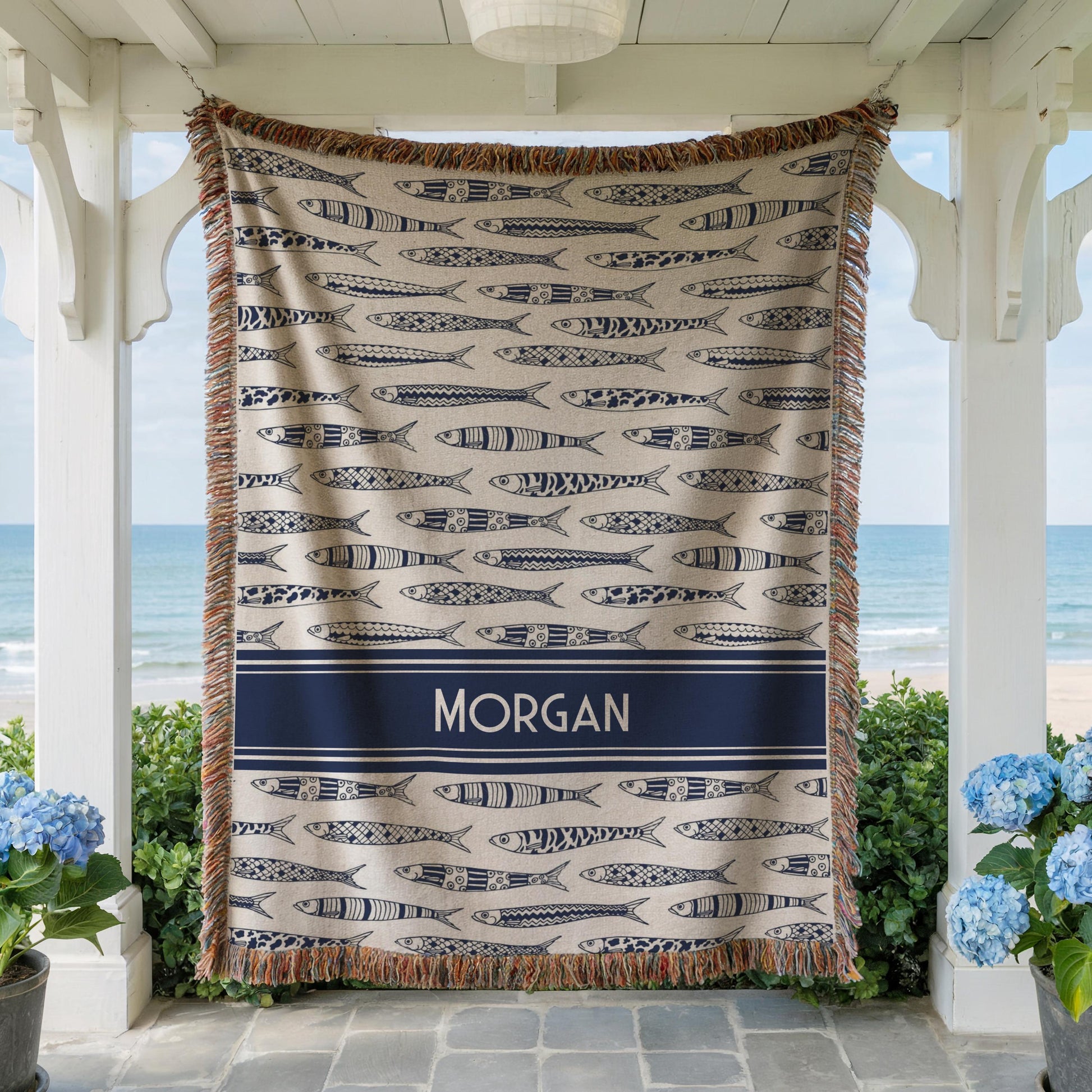 Custom Sardine Blanket | Soft Cotton Woven Throw, Personalized Beach Towel & Coastal Home Decor