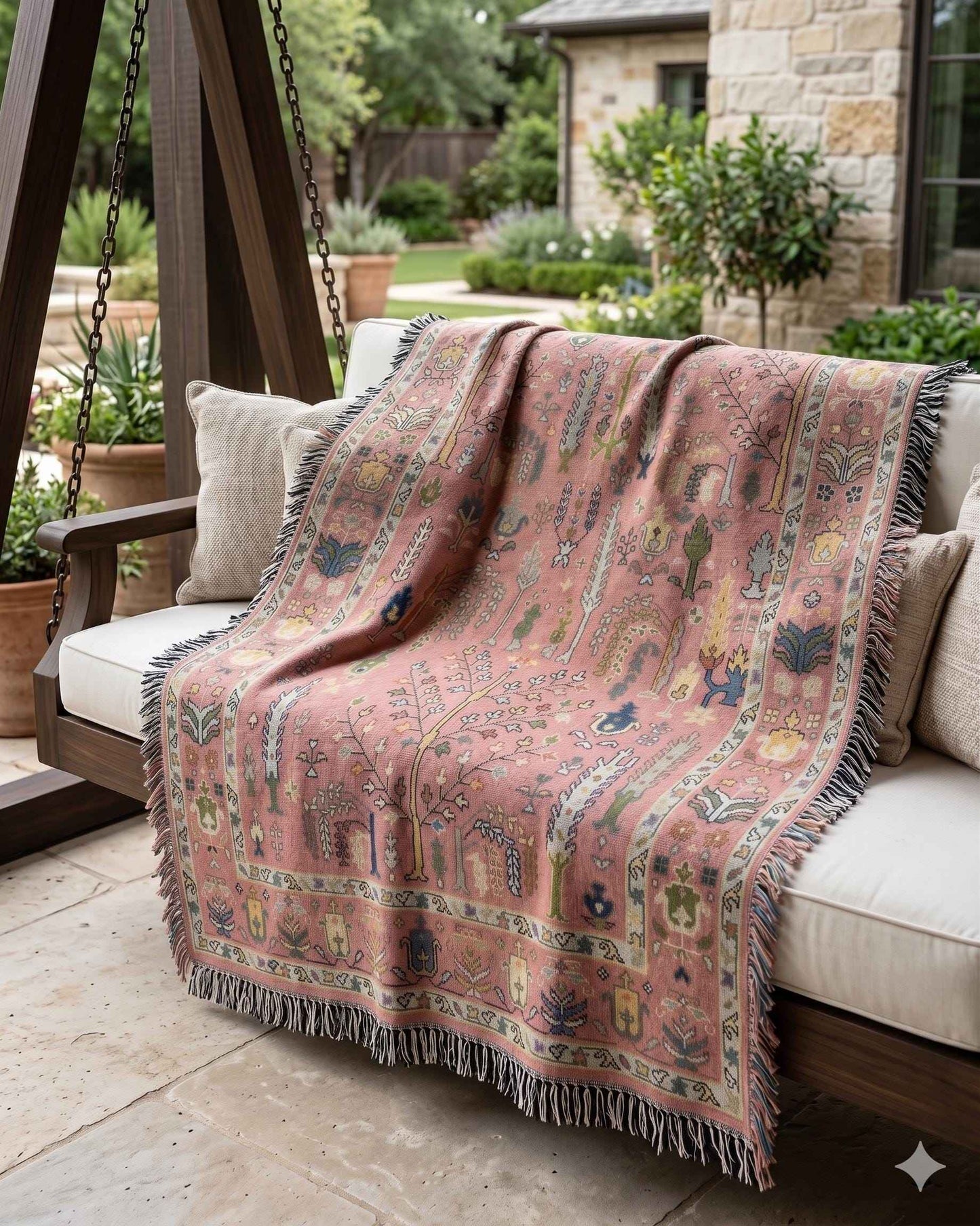 Anatolian Inspired outdoor woven throw blanket with rug-style pattern for patio styling
