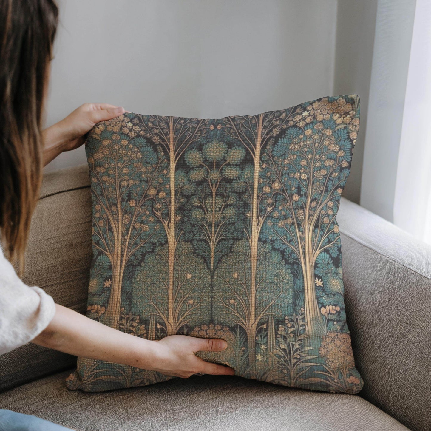 Art Deco Pillow – Woven Cotton Cushion with Insert | Elegant Forestcore Design - timelessbohochic.com
