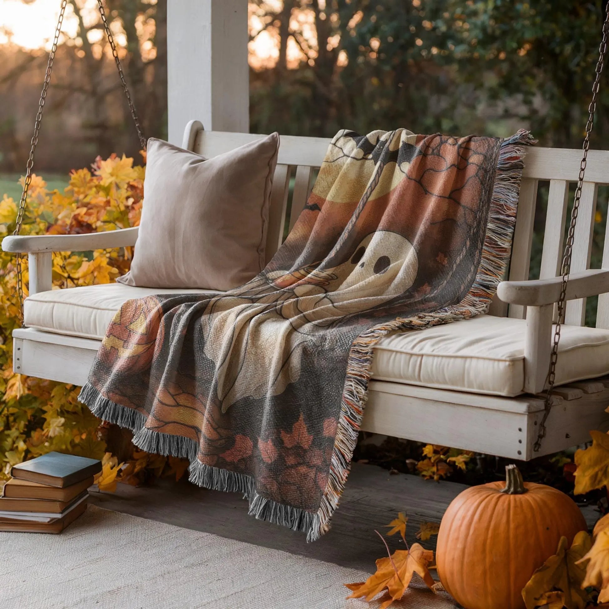 Halloween Throw Blanket - Cozy Woven Cotton Fabric Lap Blanket With Pumpkin Moon Design