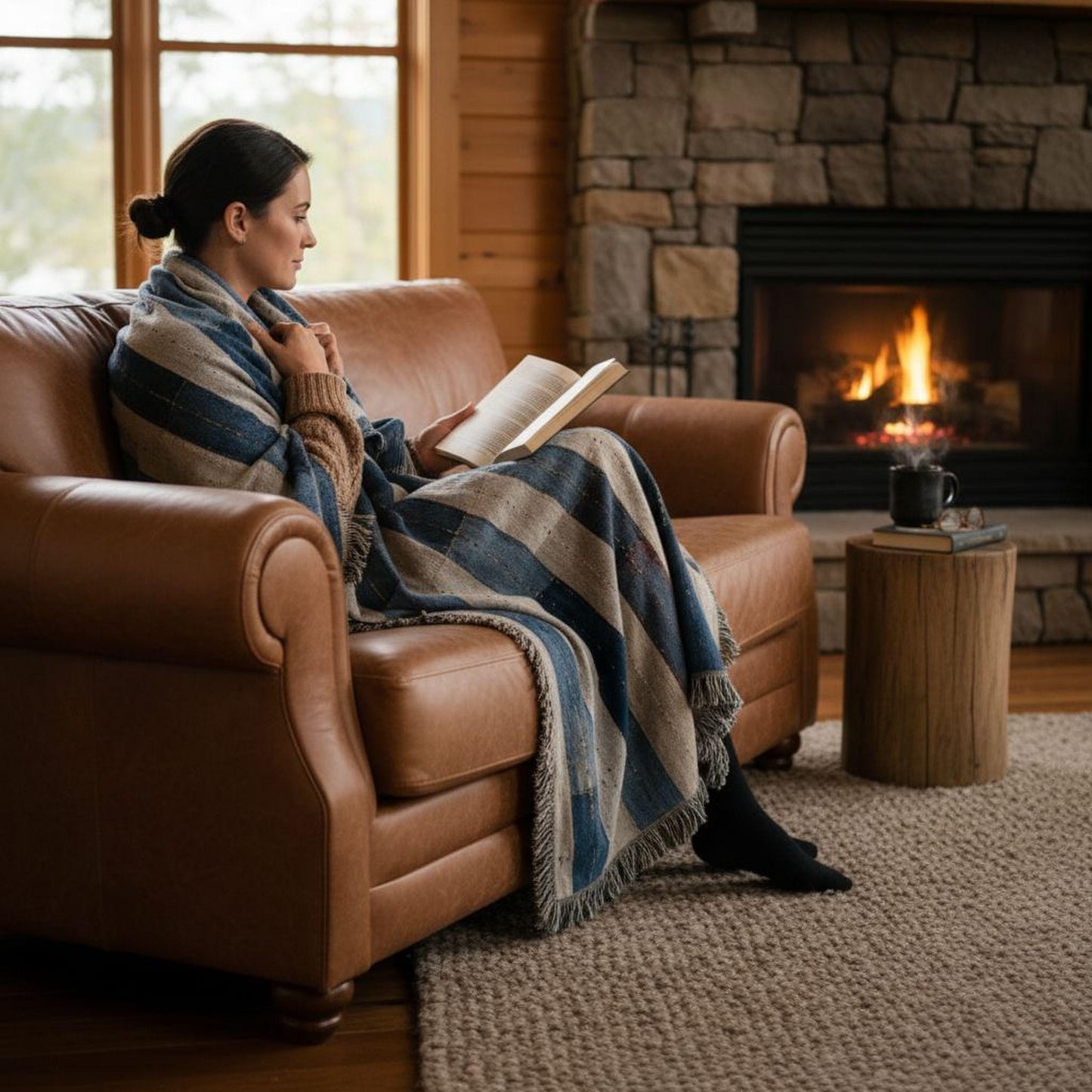 Southwestern outdoor woven throw blanket with geometric pattern for patio styling