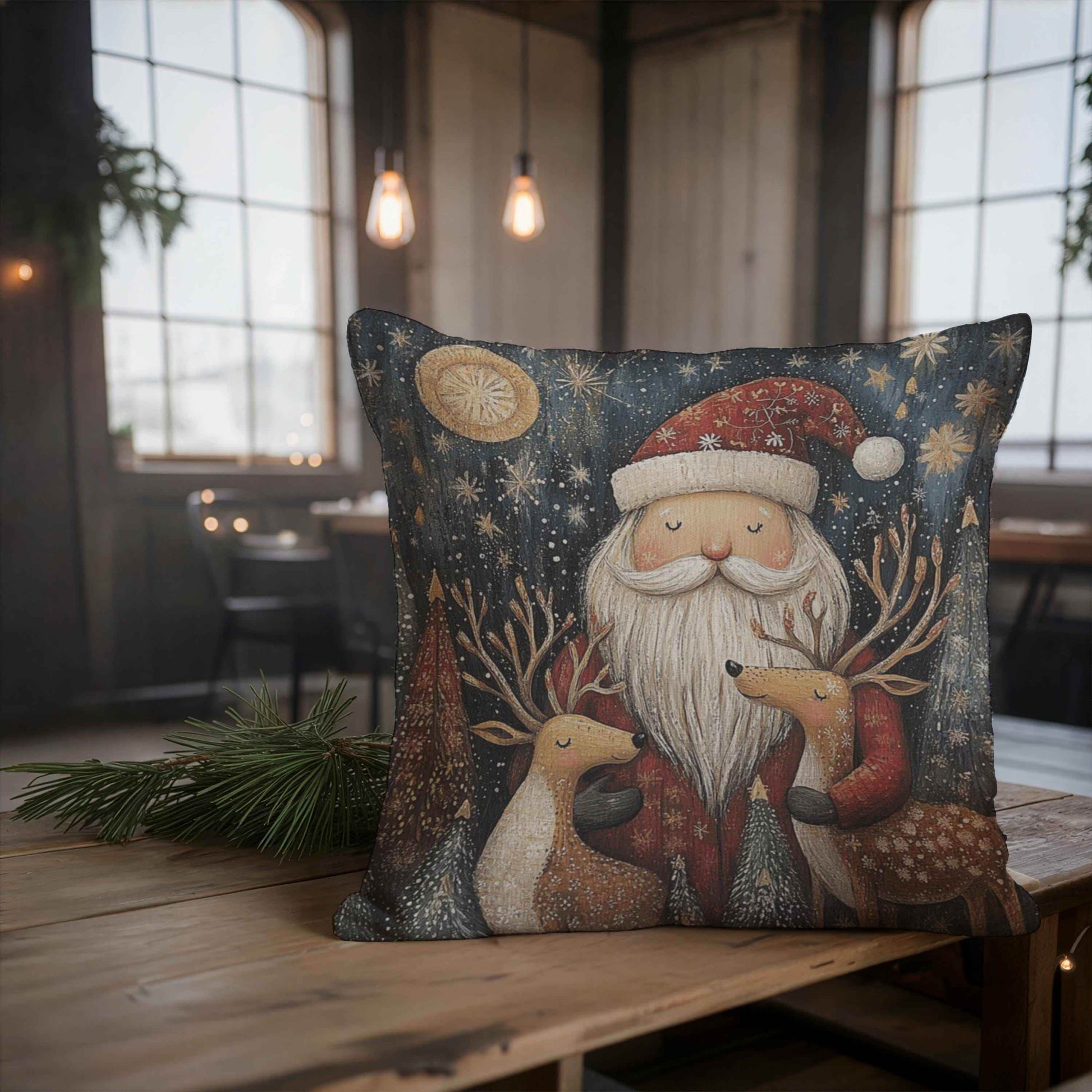Christmas Santa Pillow - Festive Throw Pillow With Santa And Reindeer Design - timelessbohochic.com