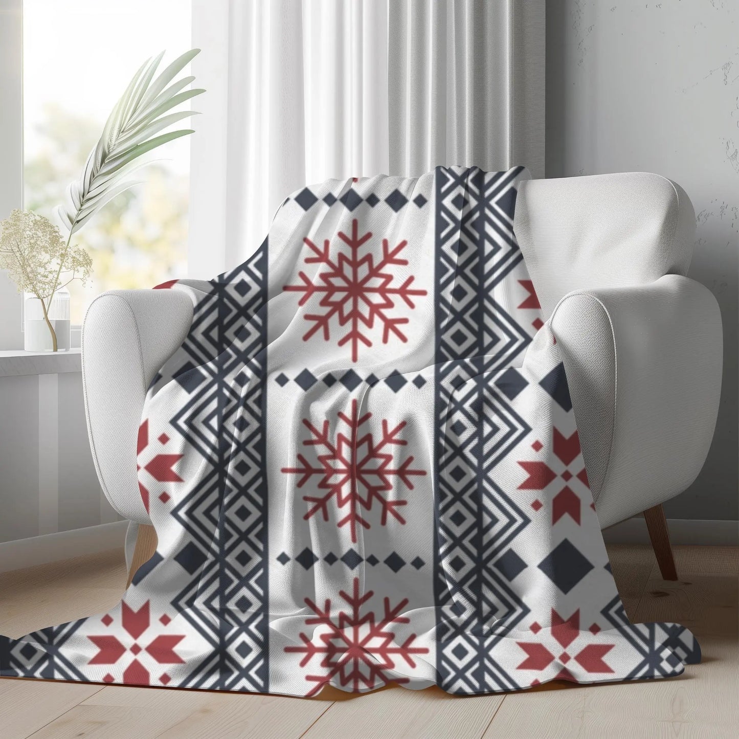 Scandinavian Fleece Throw - Red Black Snowflake Plush Velveteen Blanket Cozy Winter