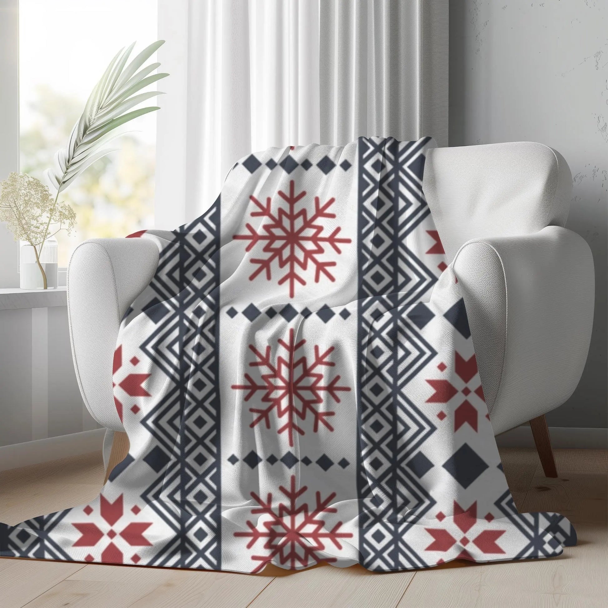 Scandinavian Fleece Throw - Red Black Snowflake Plush Velveteen Blanket Cozy Winter