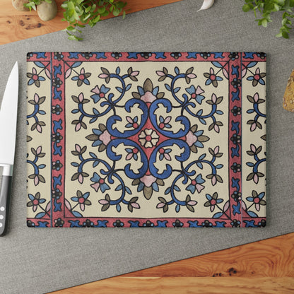 Armenian floral cutting board with a blue and pink vine on a cream ground