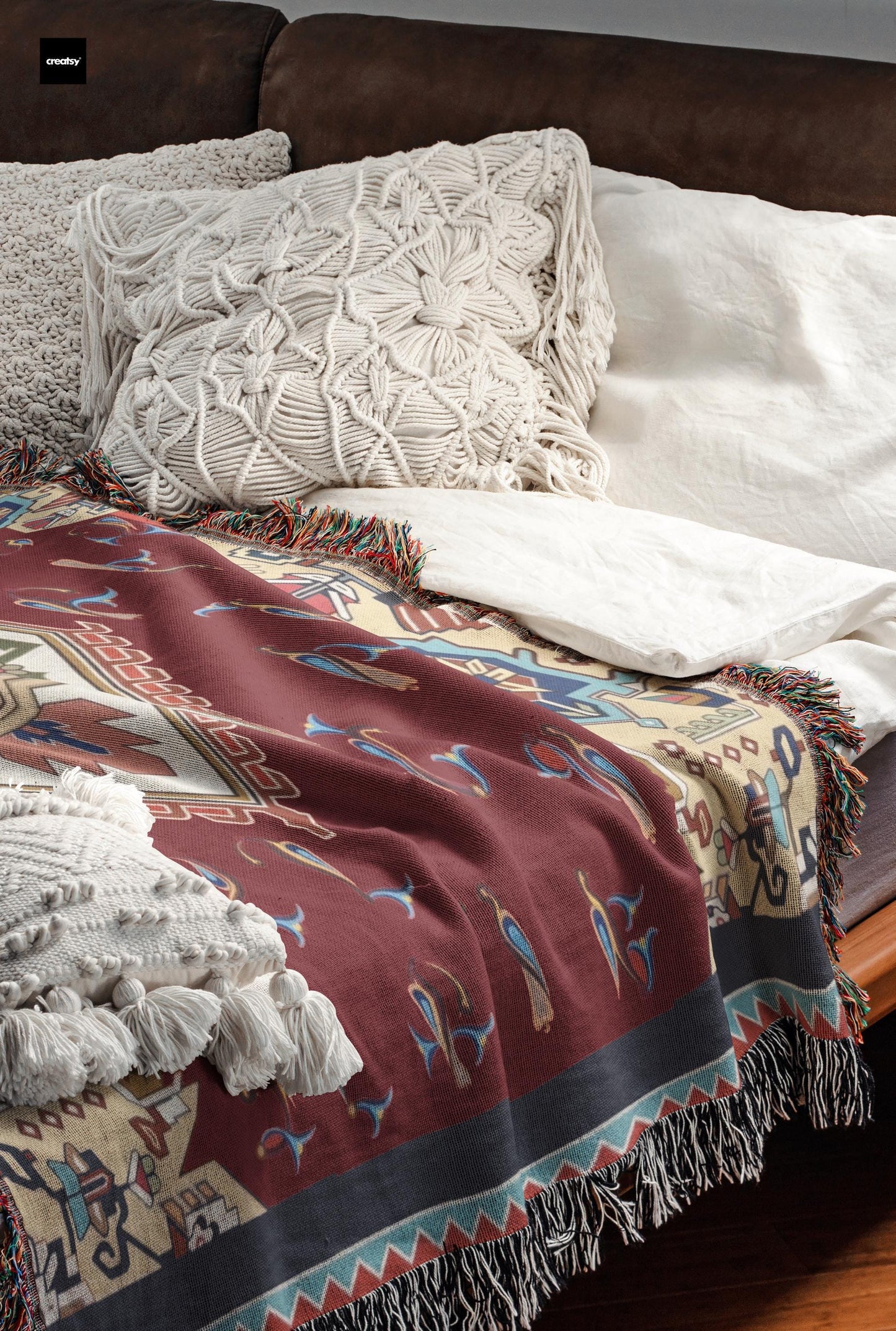 Anatolian Inspired woven blanket with woven pattern styled for layered home decor