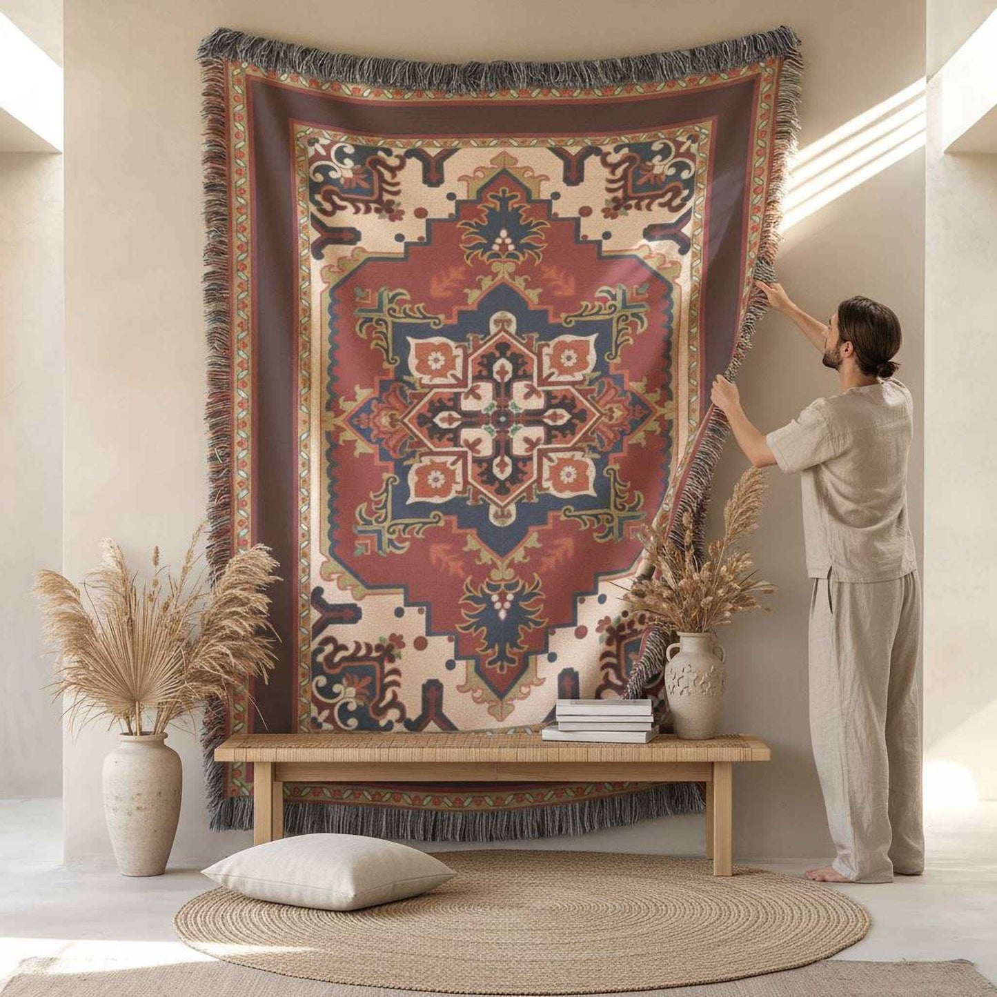 Moroccan Inspired woven wall tapestry with rug-style pattern styled as textile wall decor