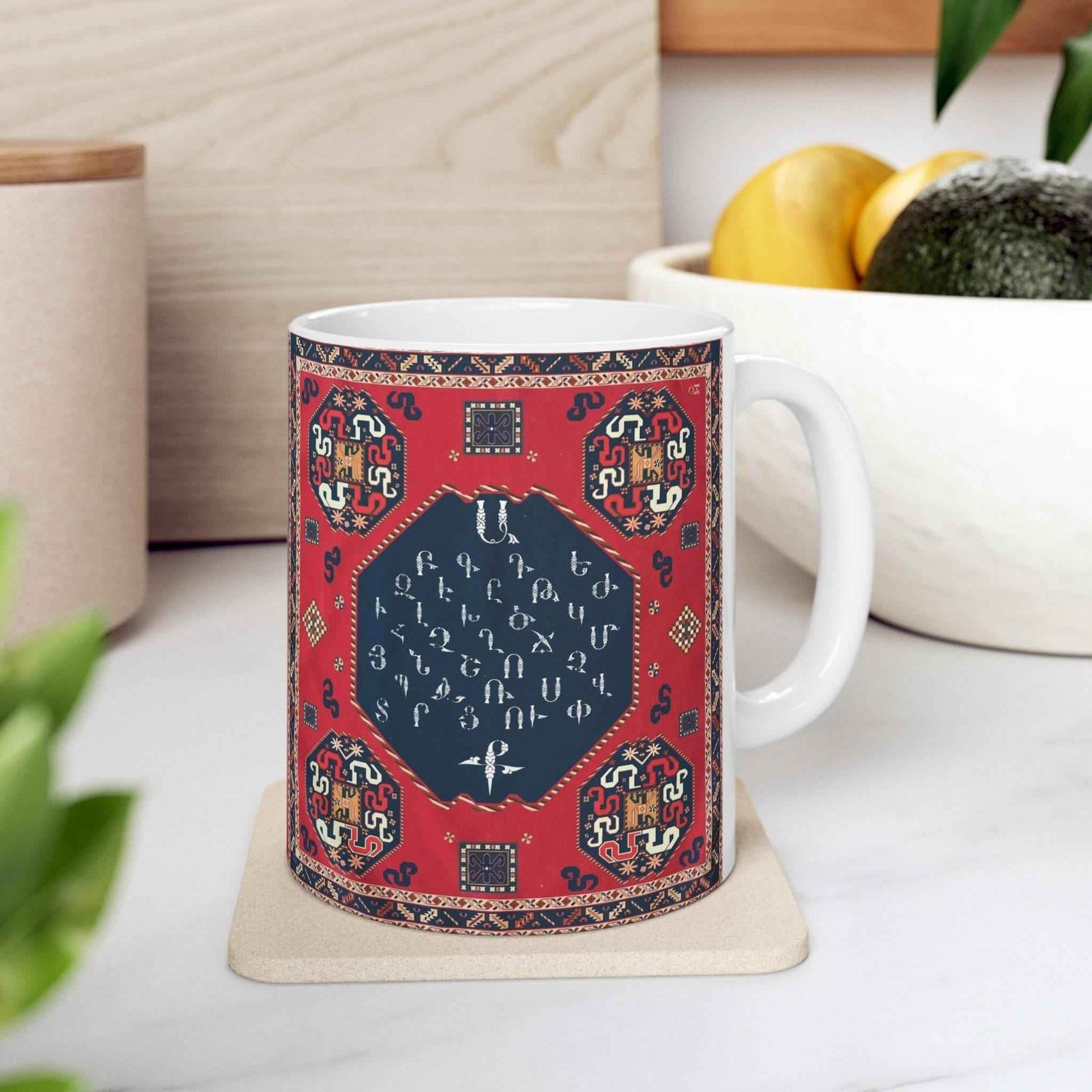 Armenian Alphabet Mug - Black Ceramic 11oz Coffee Cup with Traditional Design - timelessbohochic.com