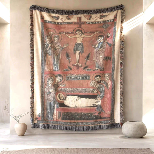 Armenian Tapestry Throw – Large Cotton Blanket With Crucifixion Scene Design - timelessbohochic.com