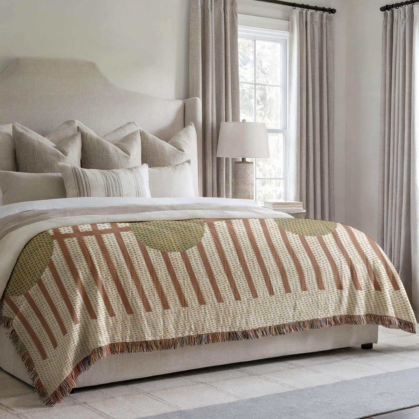 Modern Geometric woven blanket with geometric pattern styled for layered home decor