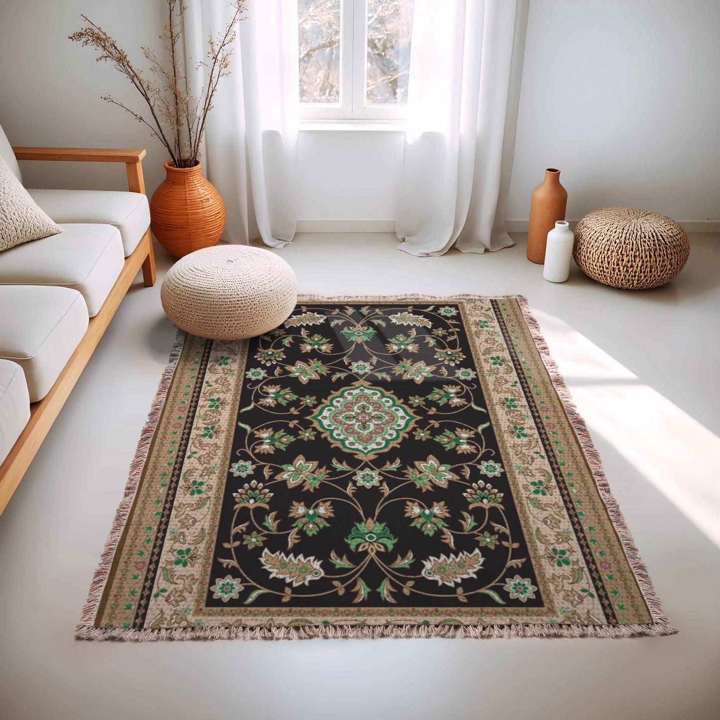 Caucasian Rug Inspired woven wall tapestry with geometric pattern styled as textile wall decor
