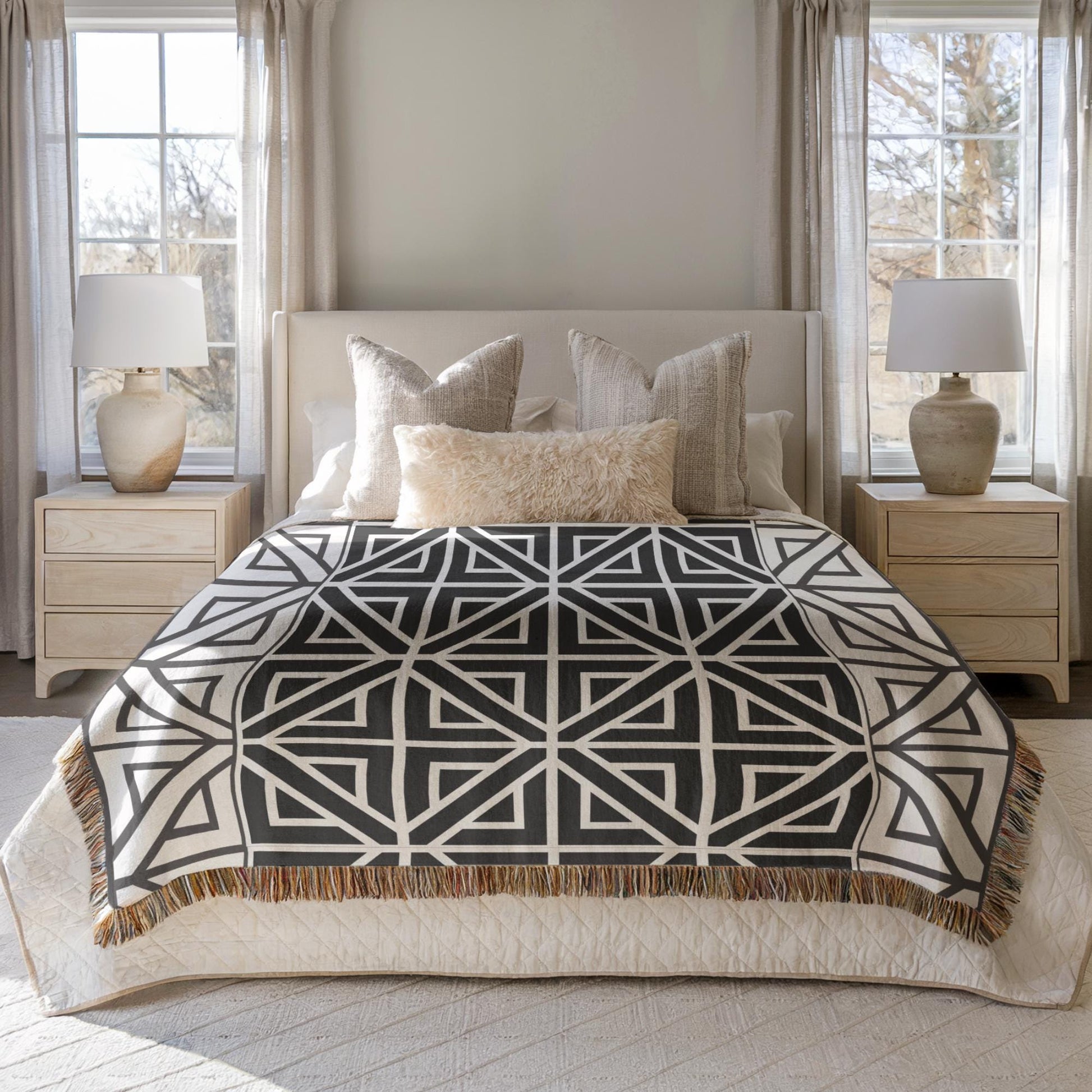 Cotton Woven Blanket – Turkish Quilt Bed With Colorful Fringed Edges, Queen Size