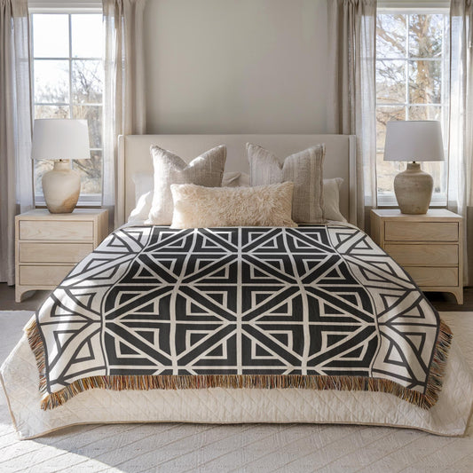 Cotton Woven Blanket – Turkish Quilt Bed With Colorful Fringed Edges, Queen Size