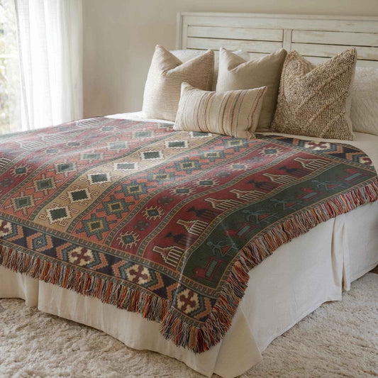Anatolian Inspired woven blanket with rug-style pattern styled for layered home decor