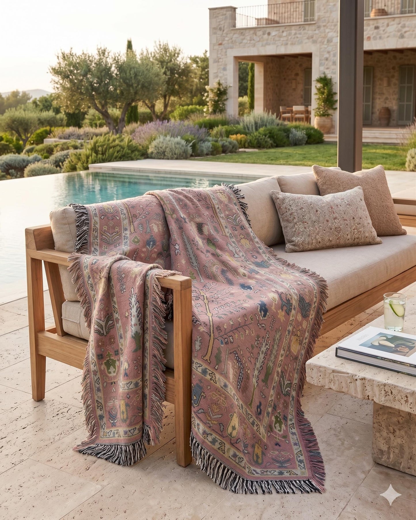 Anatolian Inspired outdoor woven throw blanket with rug-style pattern for patio styling
