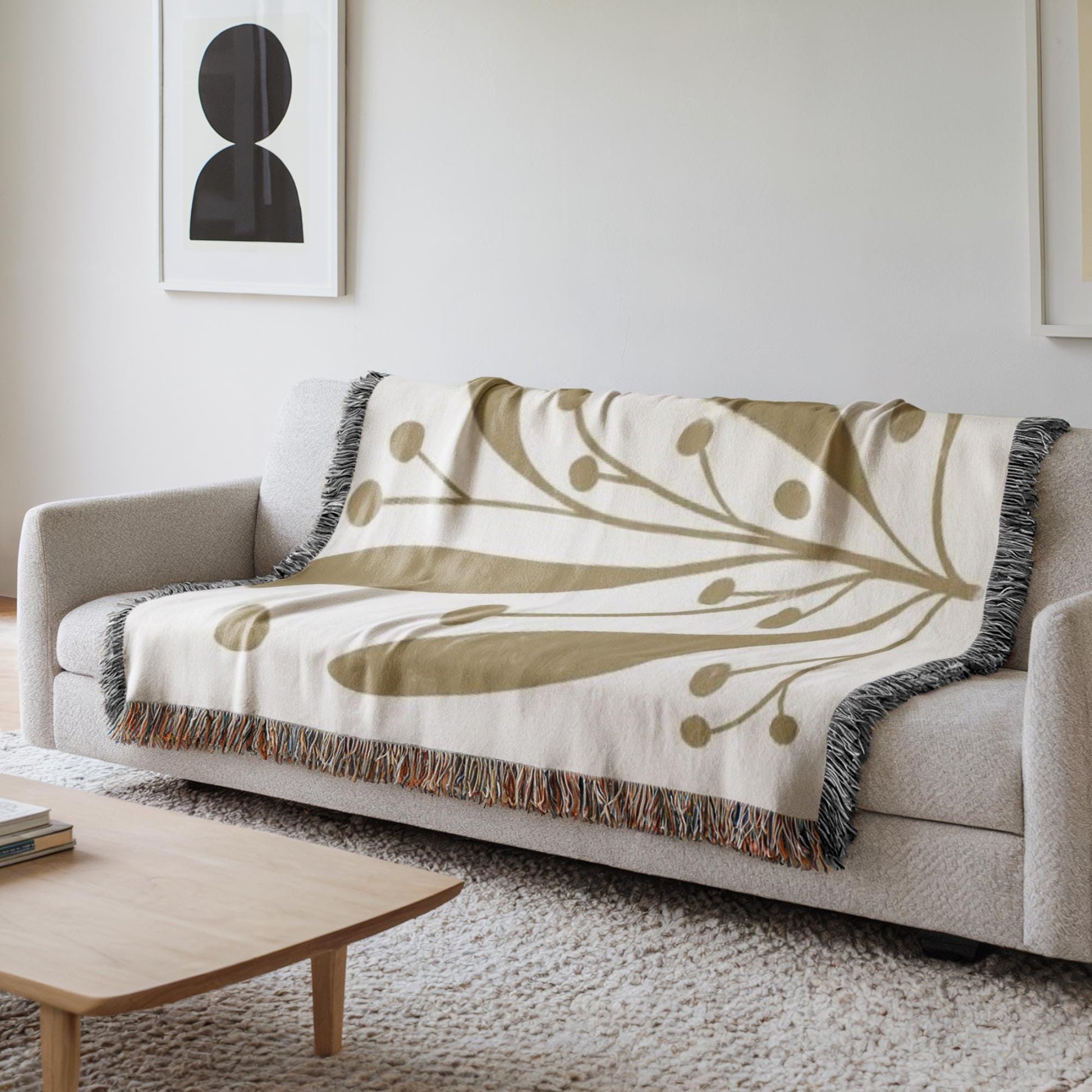 Mid Century Modern Blanket - Woven Cotton Throw With Botanical Pattern & Colorful Fringed Edges