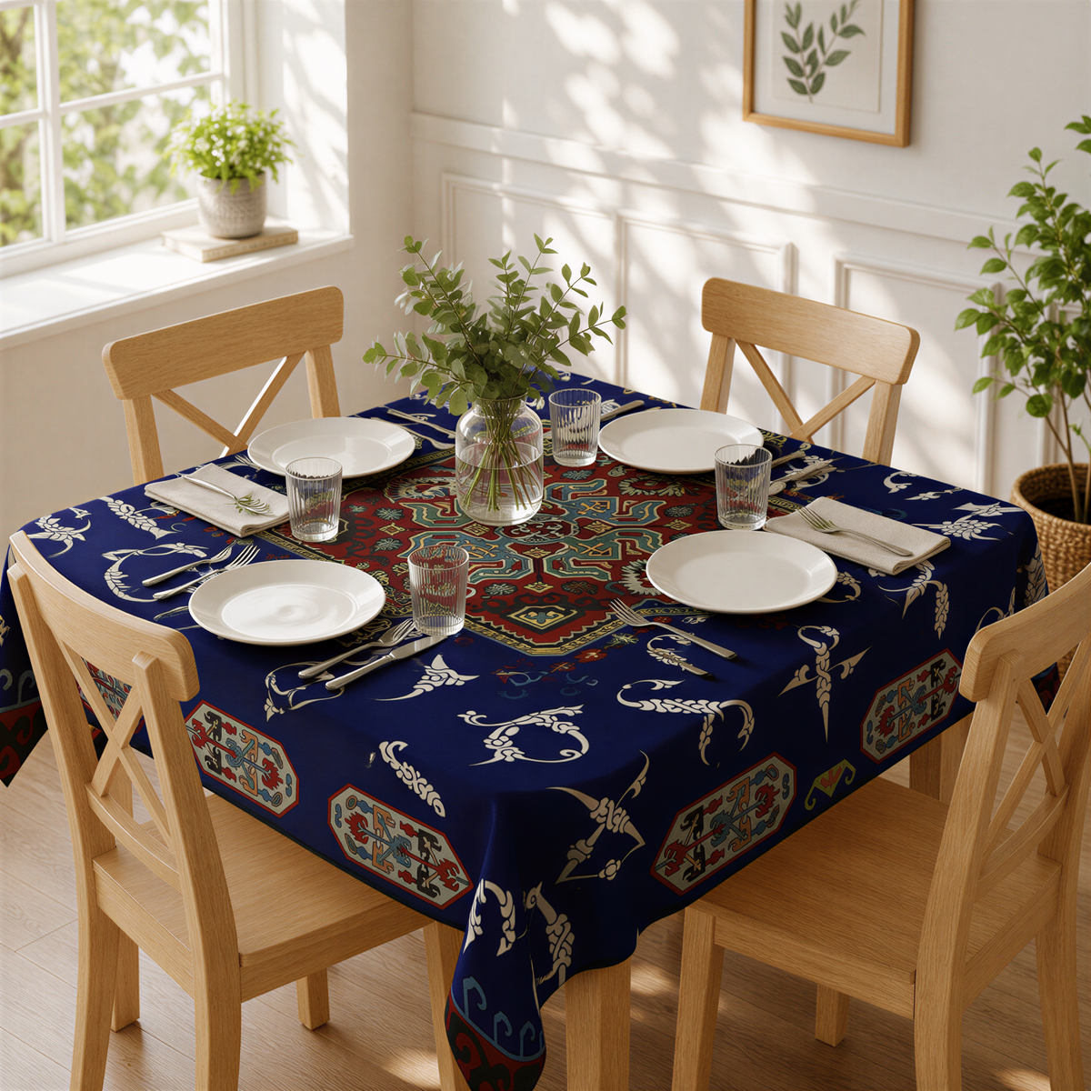Navy Armenian alphabet square tablecloth with a red star medallion, on a table with wooden chairs