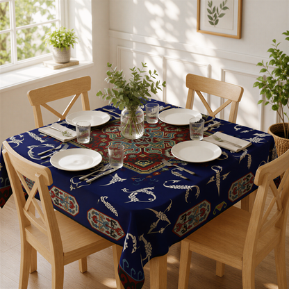 Navy Armenian alphabet square tablecloth with a red star medallion, on a table with wooden chairs