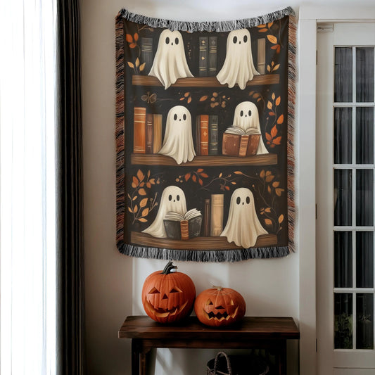 Halloween Woven Blanket – Ghosts on Bookshelf Cozy Sofa Throw with Colorful Fringed Edges
