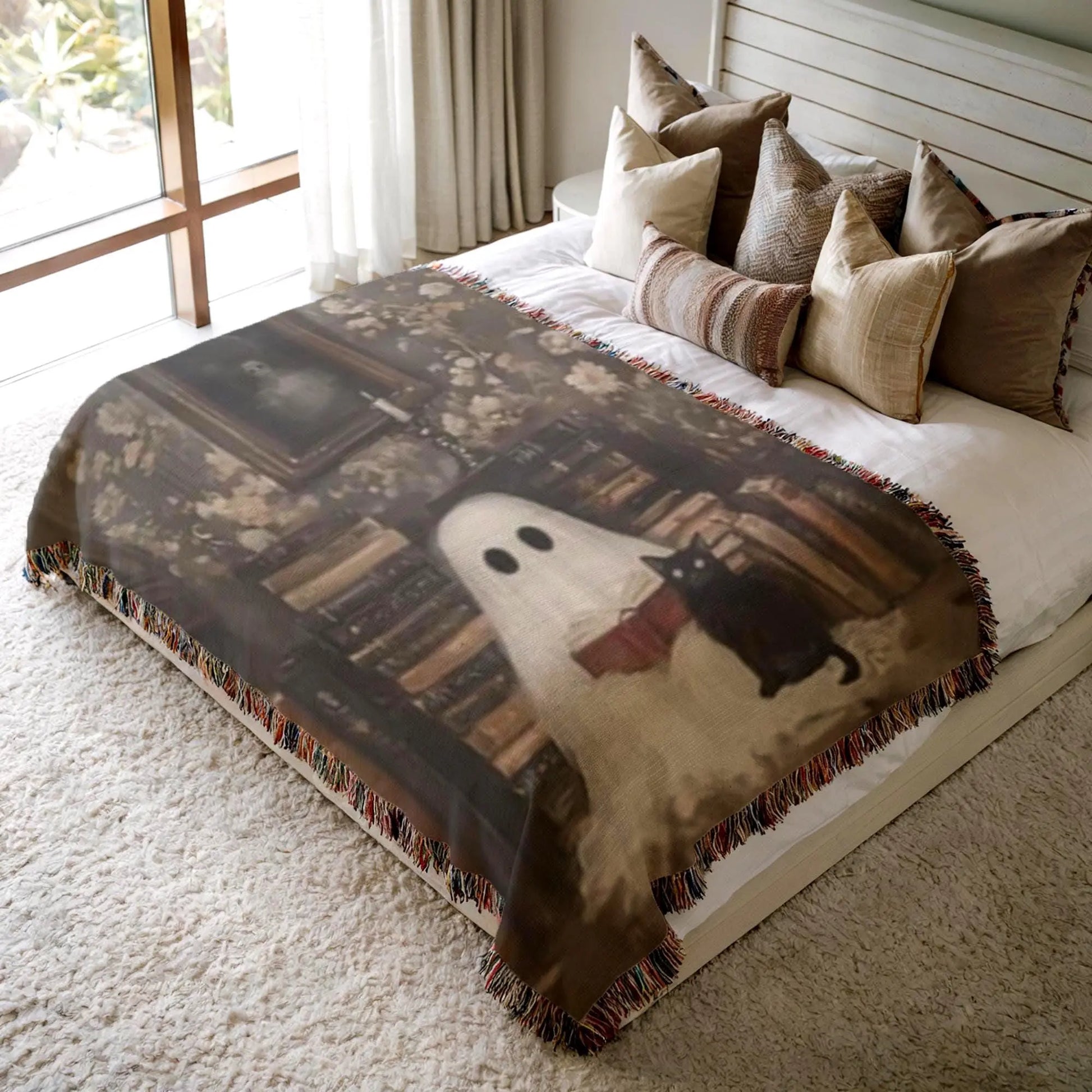 Ghost Book Cat Blanket – Soft Cotton Throw With Fringed Edges, Cozy Reading Nook Decor