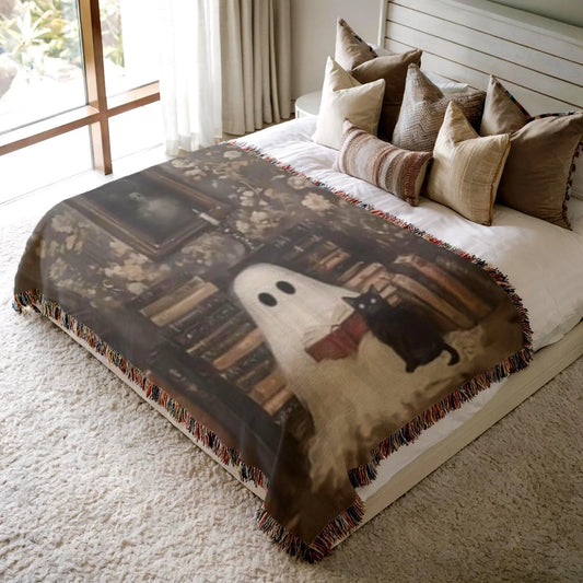 Ghost Book Cat Blanket – Soft Cotton Throw With Fringed Edges, Cozy Reading Nook Decor