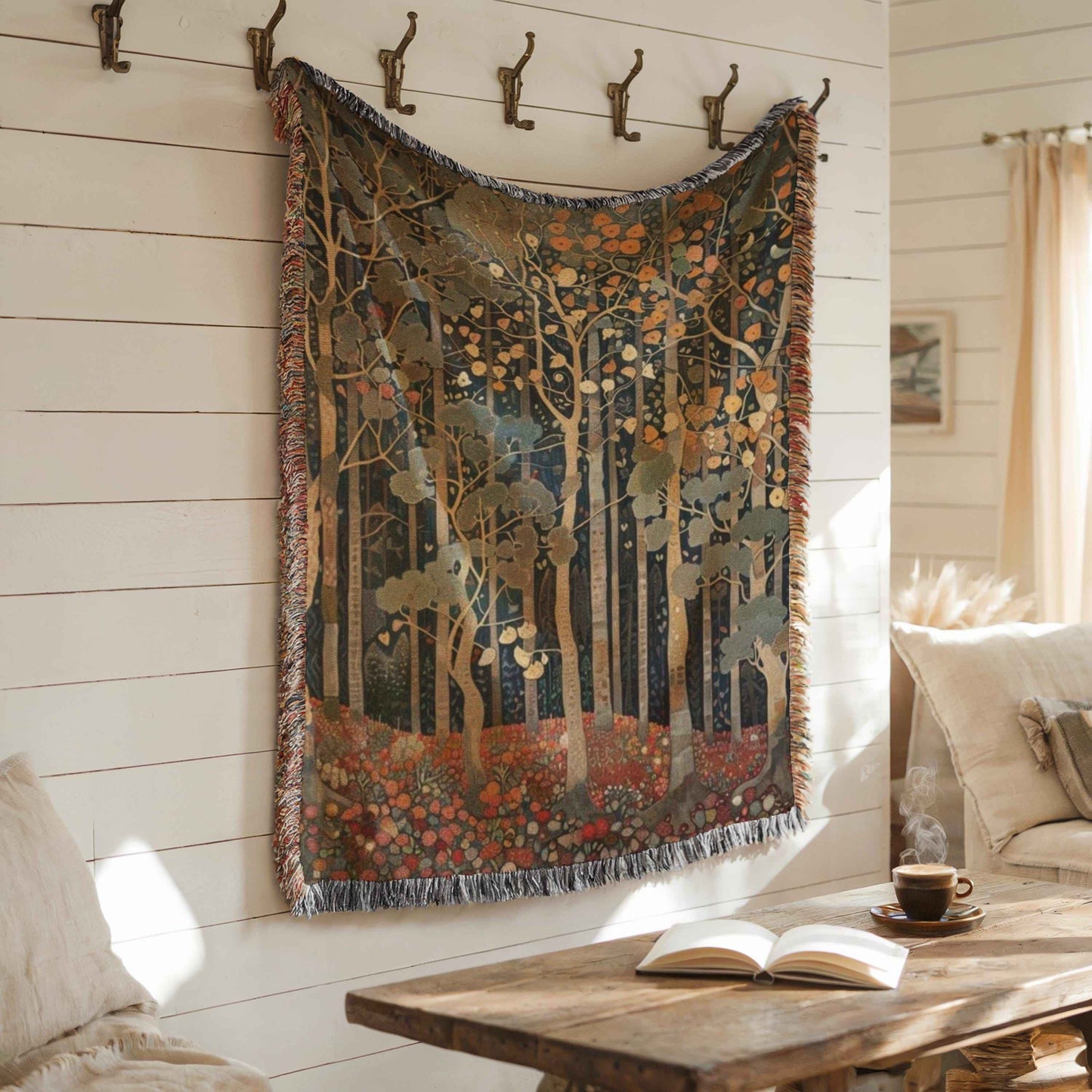 Scandinavian Inspired woven wall tapestry with rug-style pattern styled as textile wall decor