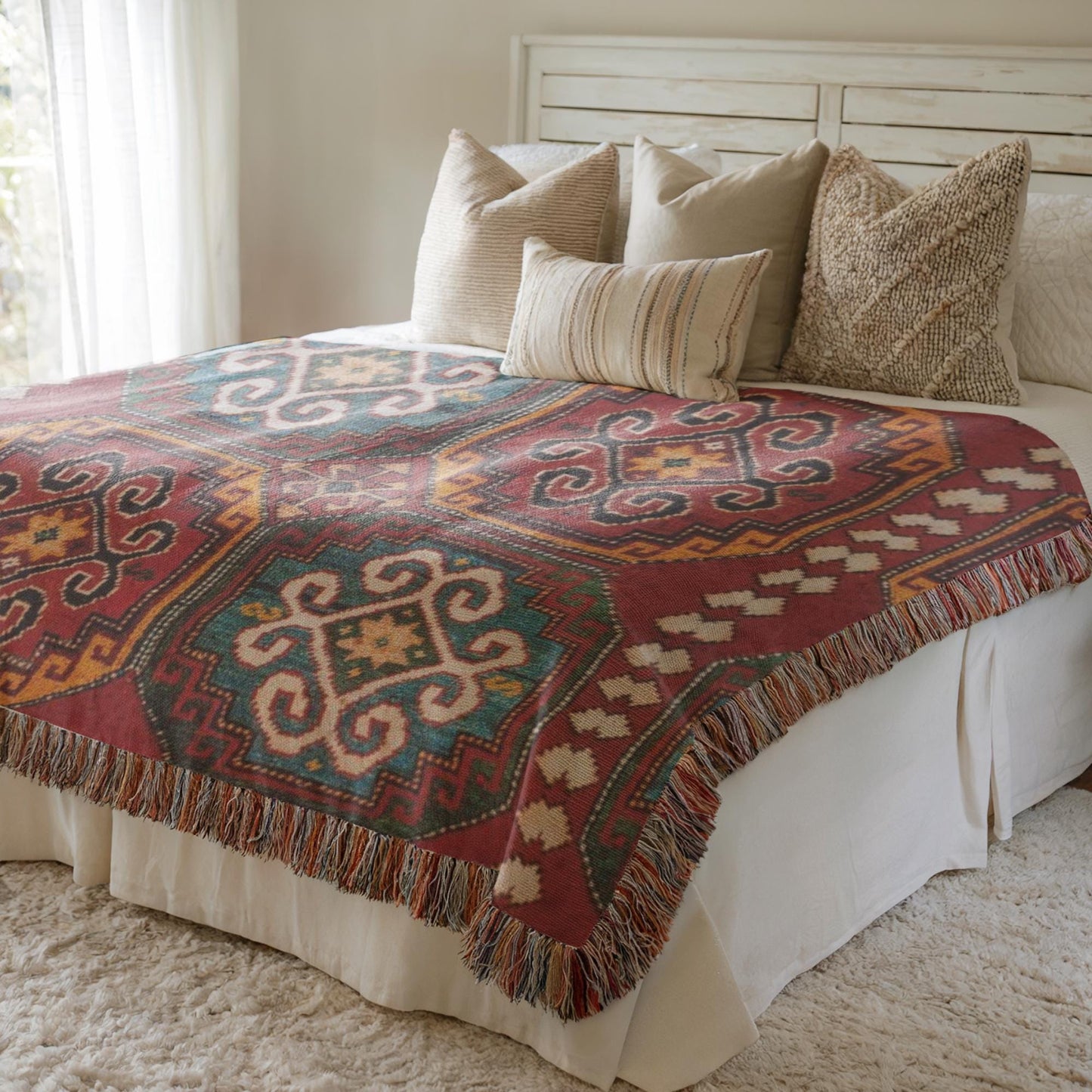 Caucasian Rug Inspired woven blanket with geometric pattern styled for layered home decor
