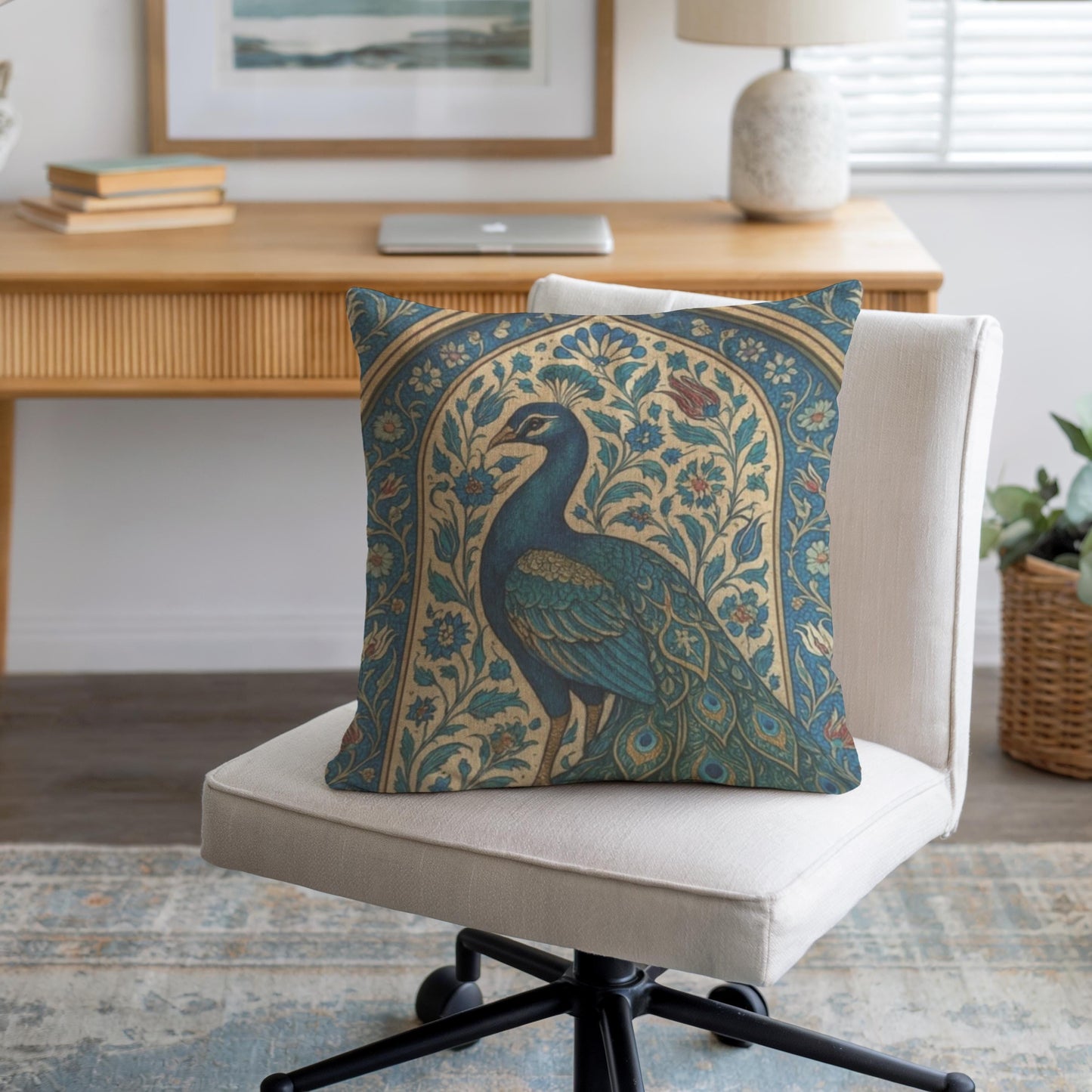 Modern Geometric throw pillow with geometric pattern styled on a sofa or bed