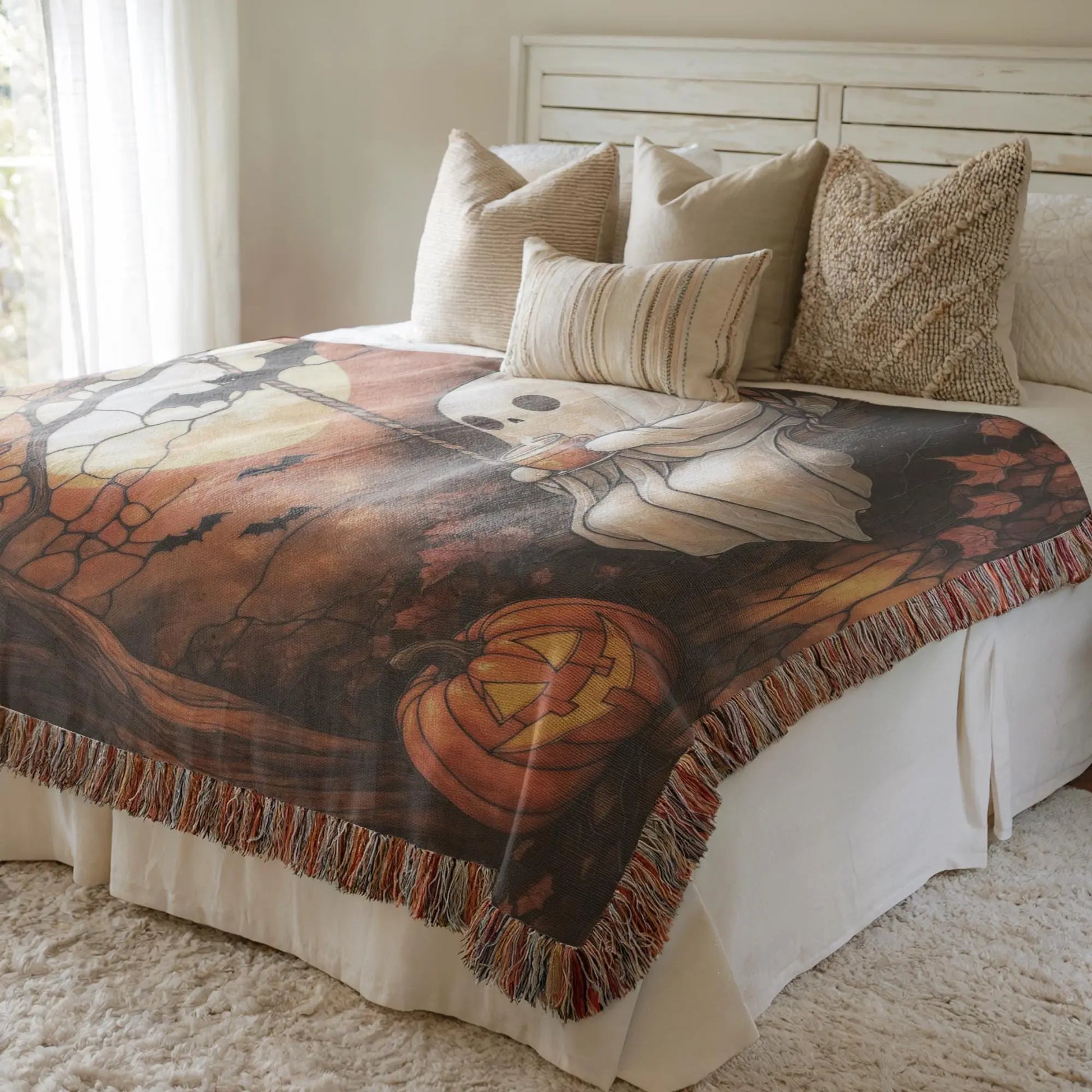 Woven Ghost Blanket – Cozy Throw Blanket with Pumpkin Moon Design | Spooky Home Decor