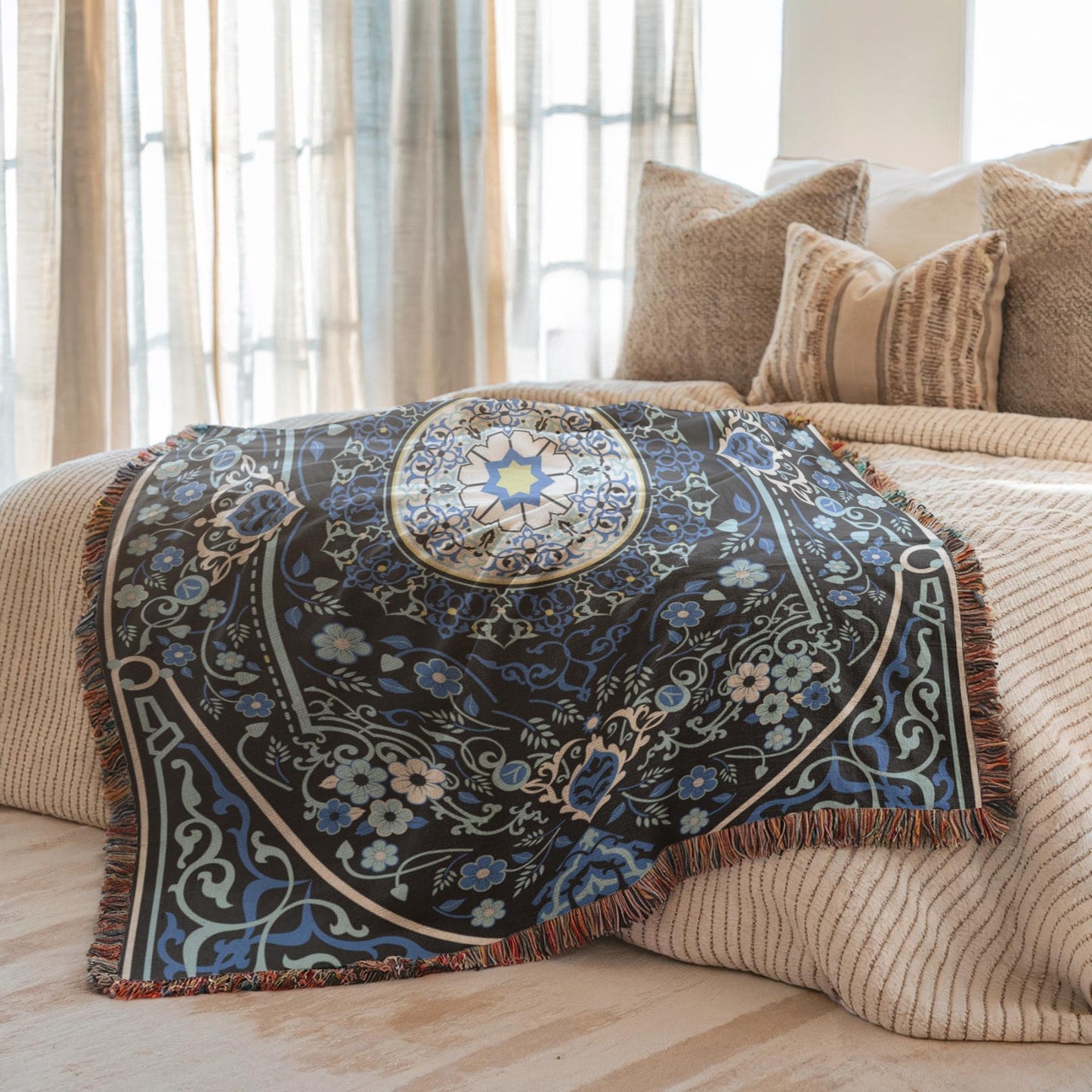 Anatolian Inspired woven blanket with rug-style pattern styled for layered home decor