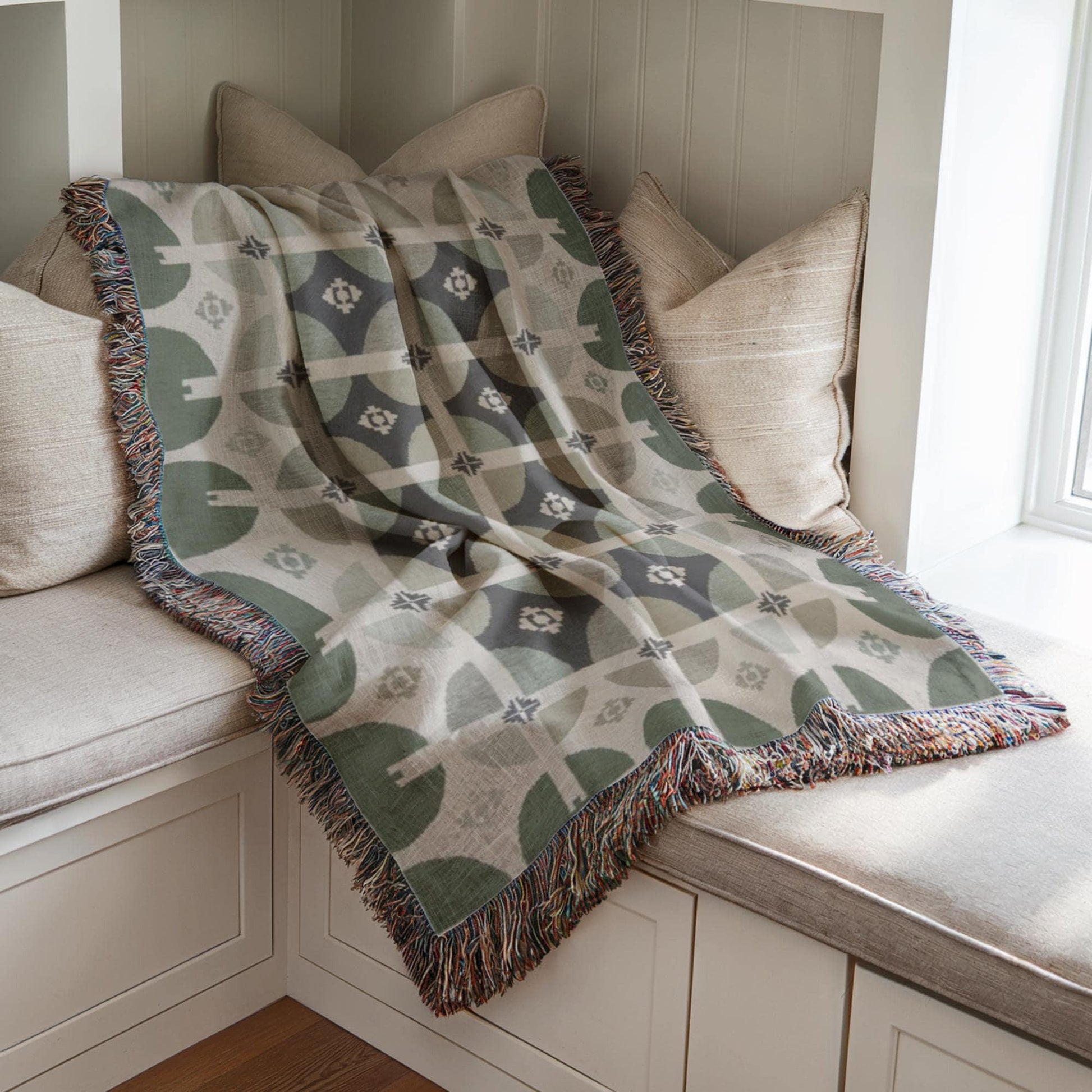 Woven Cotton Blanket – Sage Green Throw | Modern Home Decor, Geometric Design