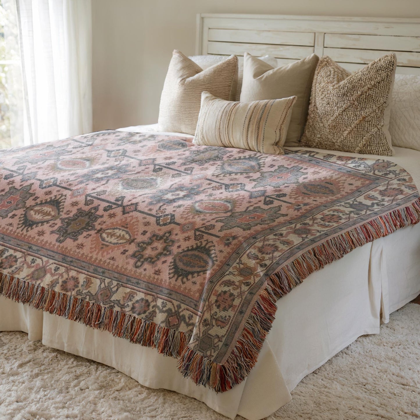 Caucasian Rug Inspired woven wall tapestry with geometric pattern styled as textile wall decor