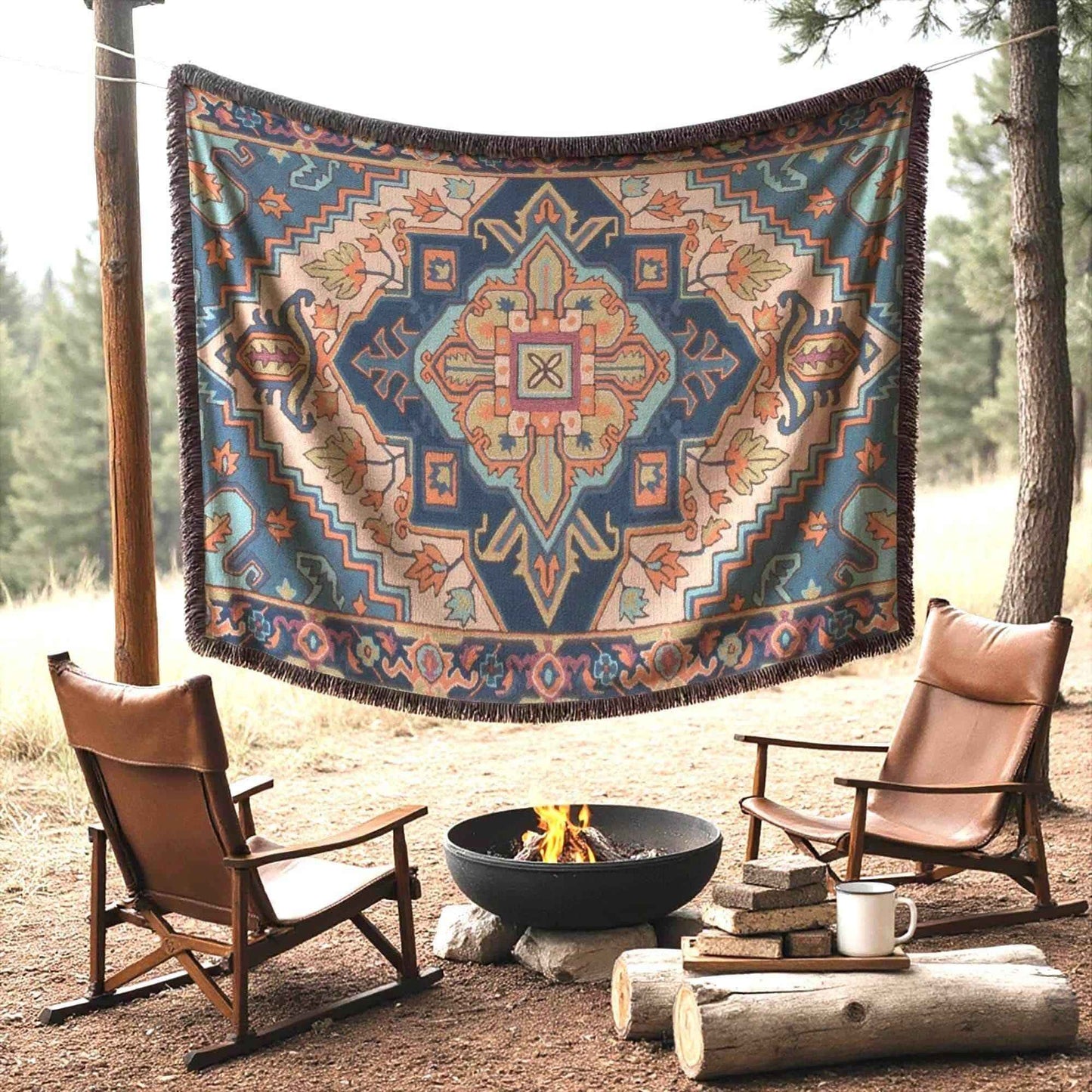 Moroccan Inspired outdoor woven throw blanket with rug-style pattern for patio styling