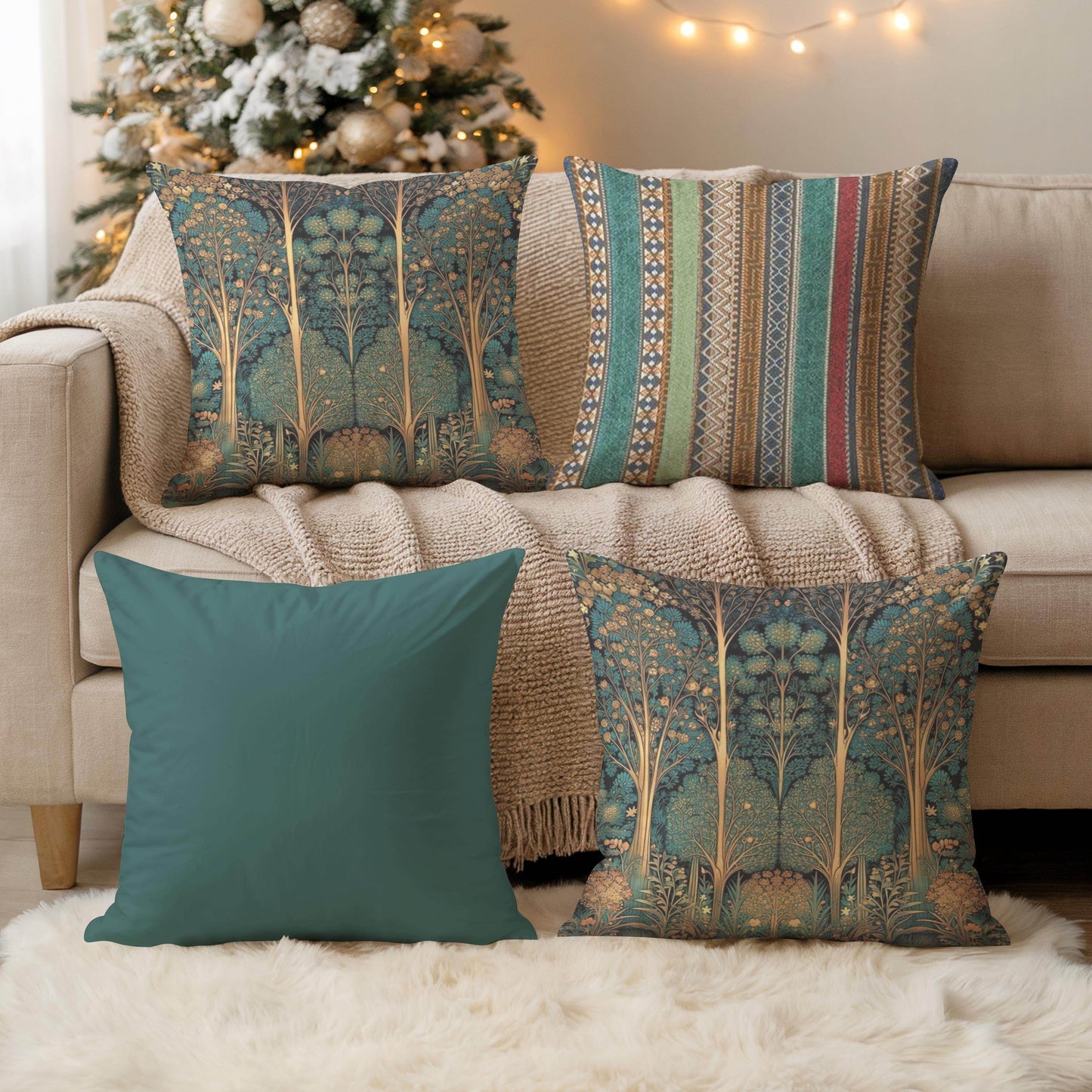 Art Deco Pillow – Woven Cotton Cushion with Insert | Elegant Forestcore Design - timelessbohochic.com