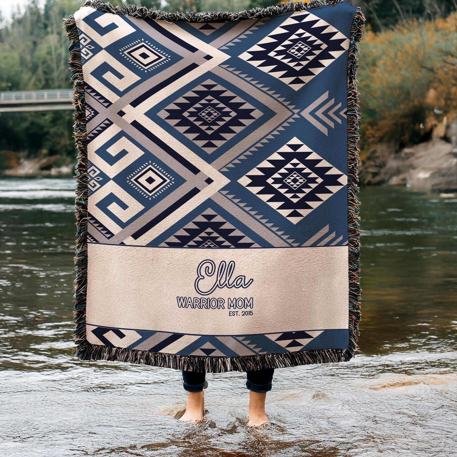 Personalized Woven Blanket – Aztec Pattern Throw | Outdoor Picnic Blanket with Colorful Fringed Edges