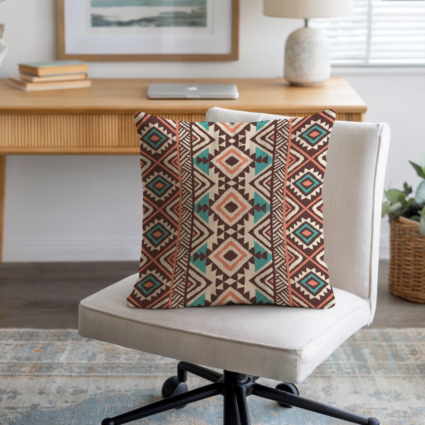 Southwestern pillow cover with geometric pattern styled on a sofa or bed