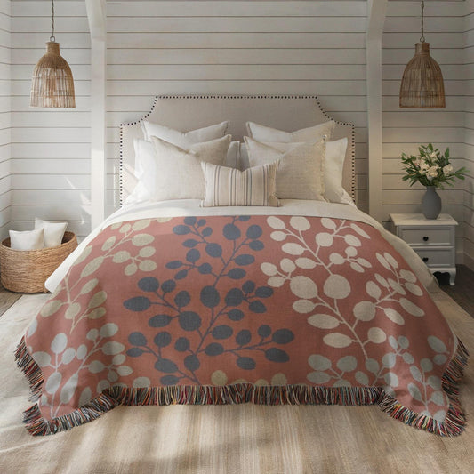 Woven Floral Blanket - Japanese Style Throw With Fringed Edges | Minimalist Home Decor