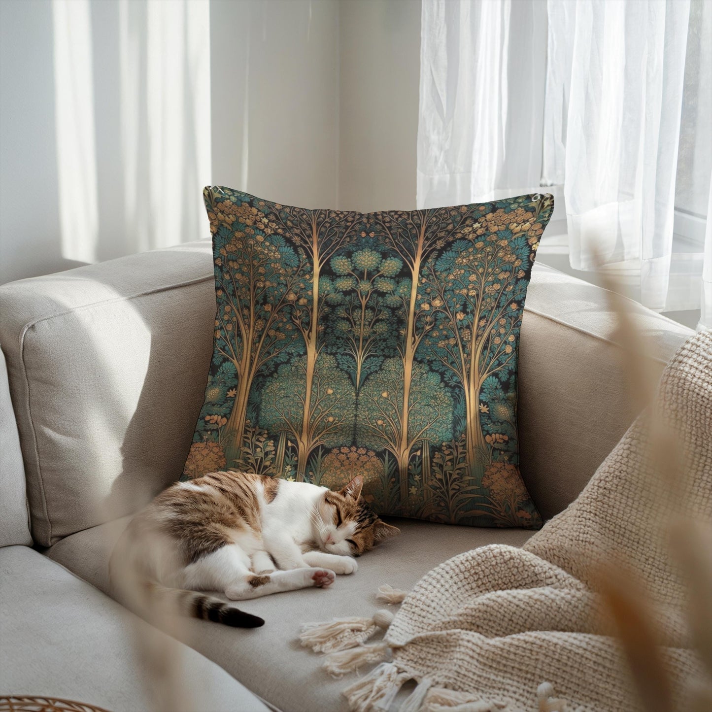 Scandinavian Inspired pillow cover with woven pattern styled on a sofa or bed