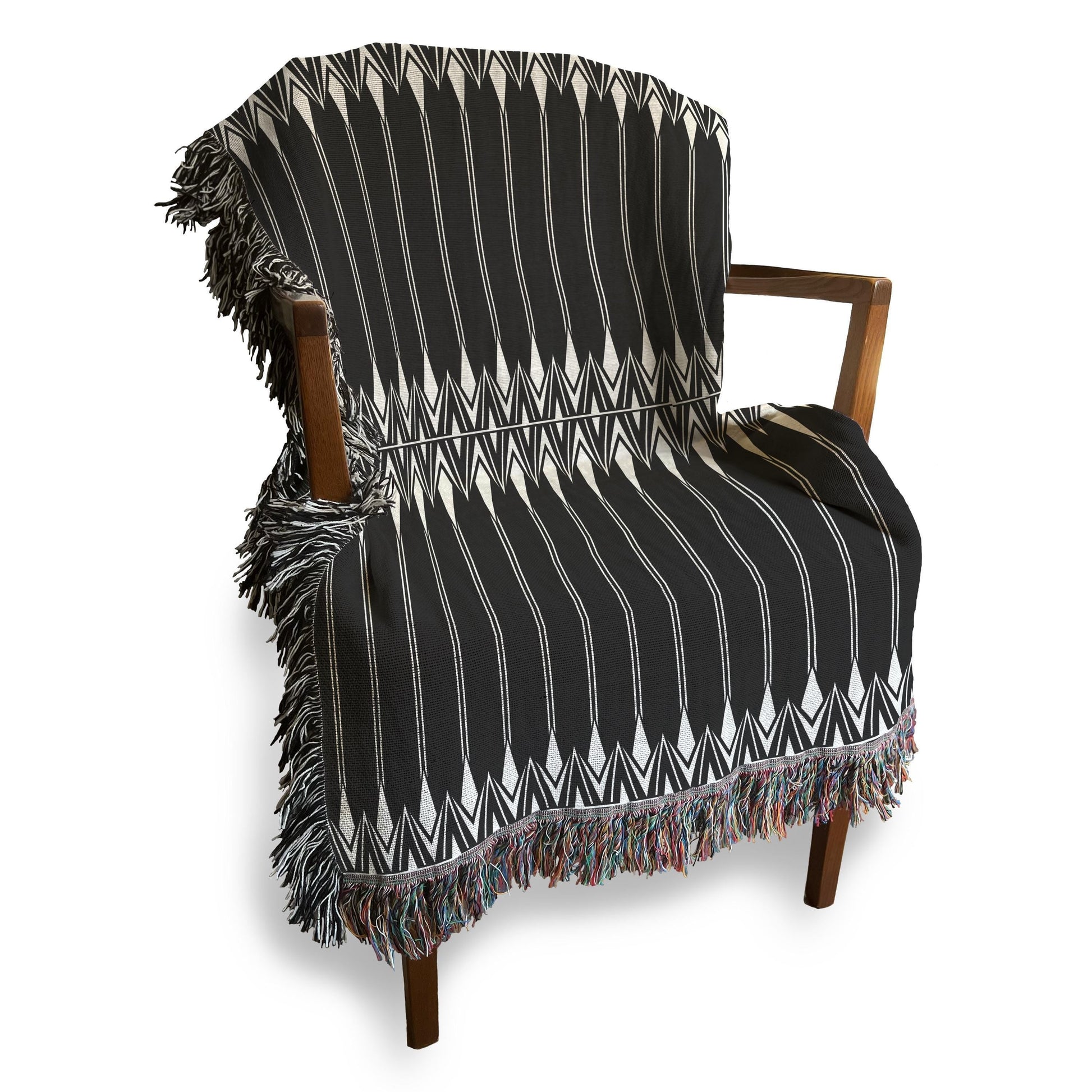 Cotton Blanket - Boho Couch Throw With Striped Woven Coverlet & Colorful Fringed Edges