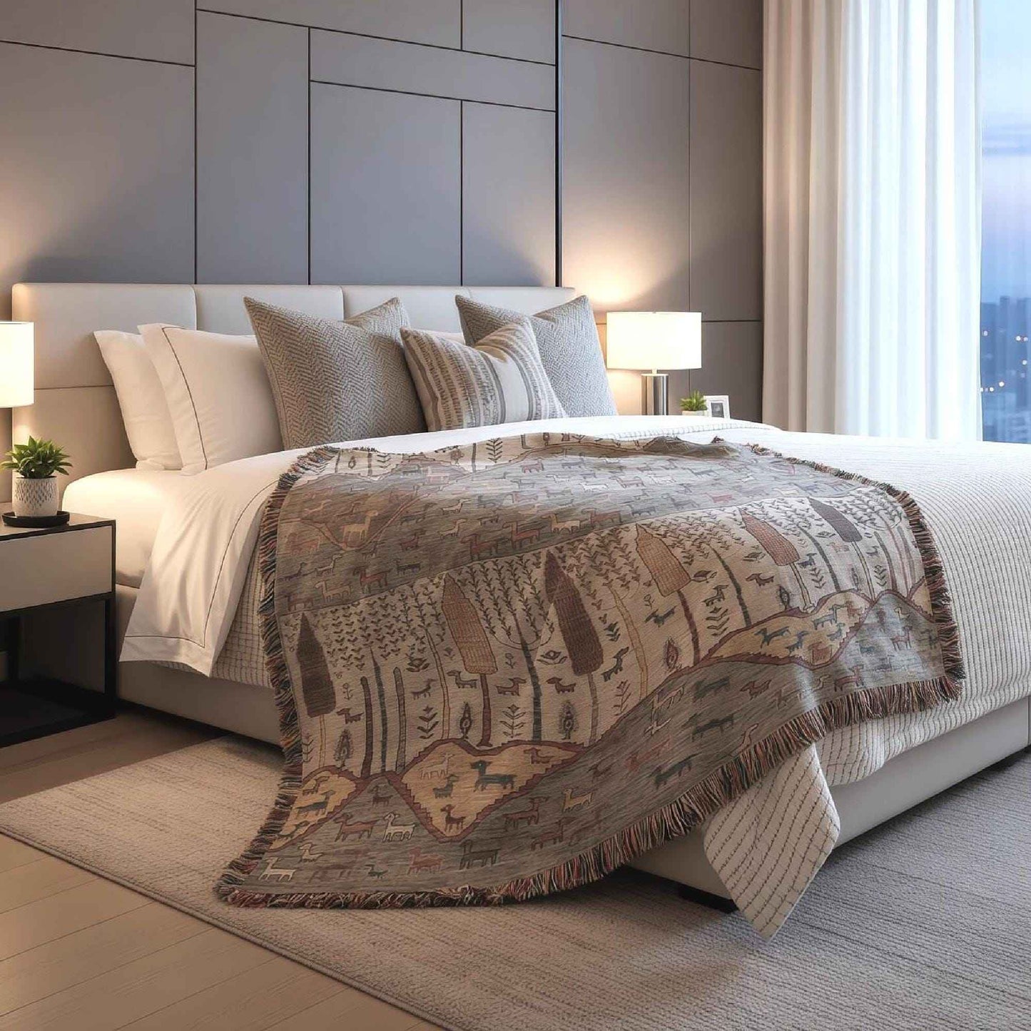 Modern Geometric woven blanket with geometric pattern styled for layered home decor